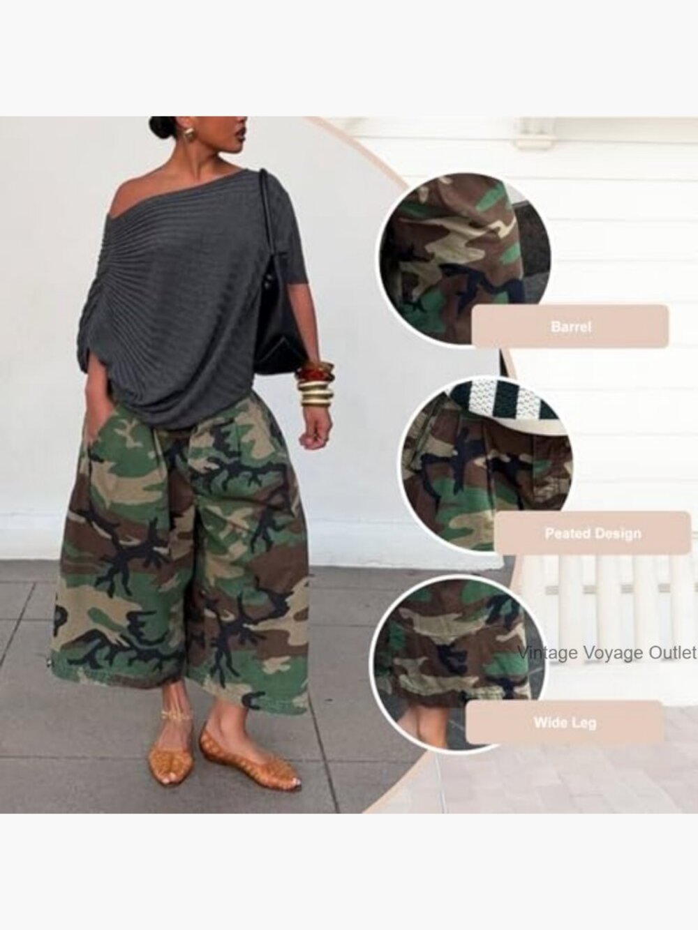 Women's Camo Barrel Pants High Waisted Wide Leg Cropped Trousers - Picture 5 of 7
